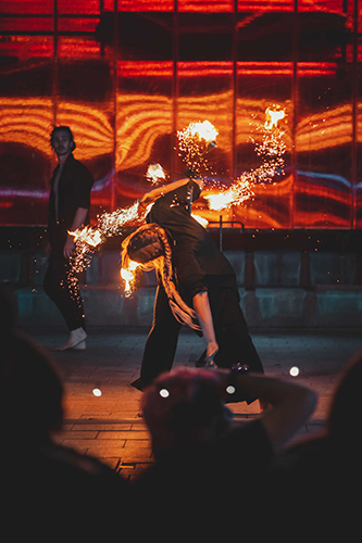 Fire performance at EMPYRE Fire Festival 2022, event by Dragon Mill, Victoria Square, Adelaide, photo by Castleforge Photography