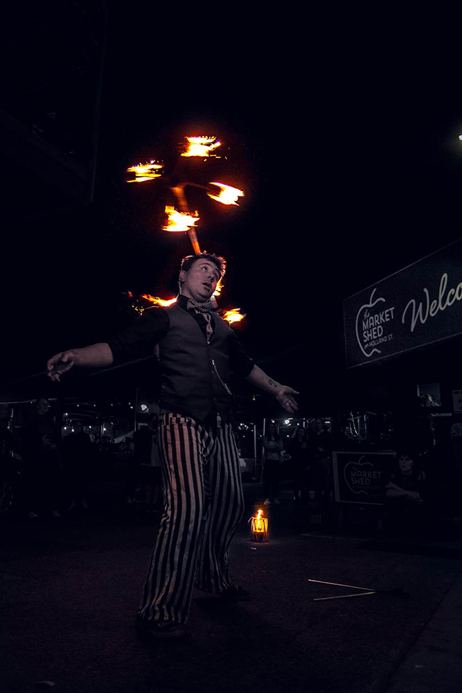 Dragon on Head Fire Entertainment at The Market Shed on Holland Fire Performance, Fire Dancing at Twilight market Suzanne Elliot Photography